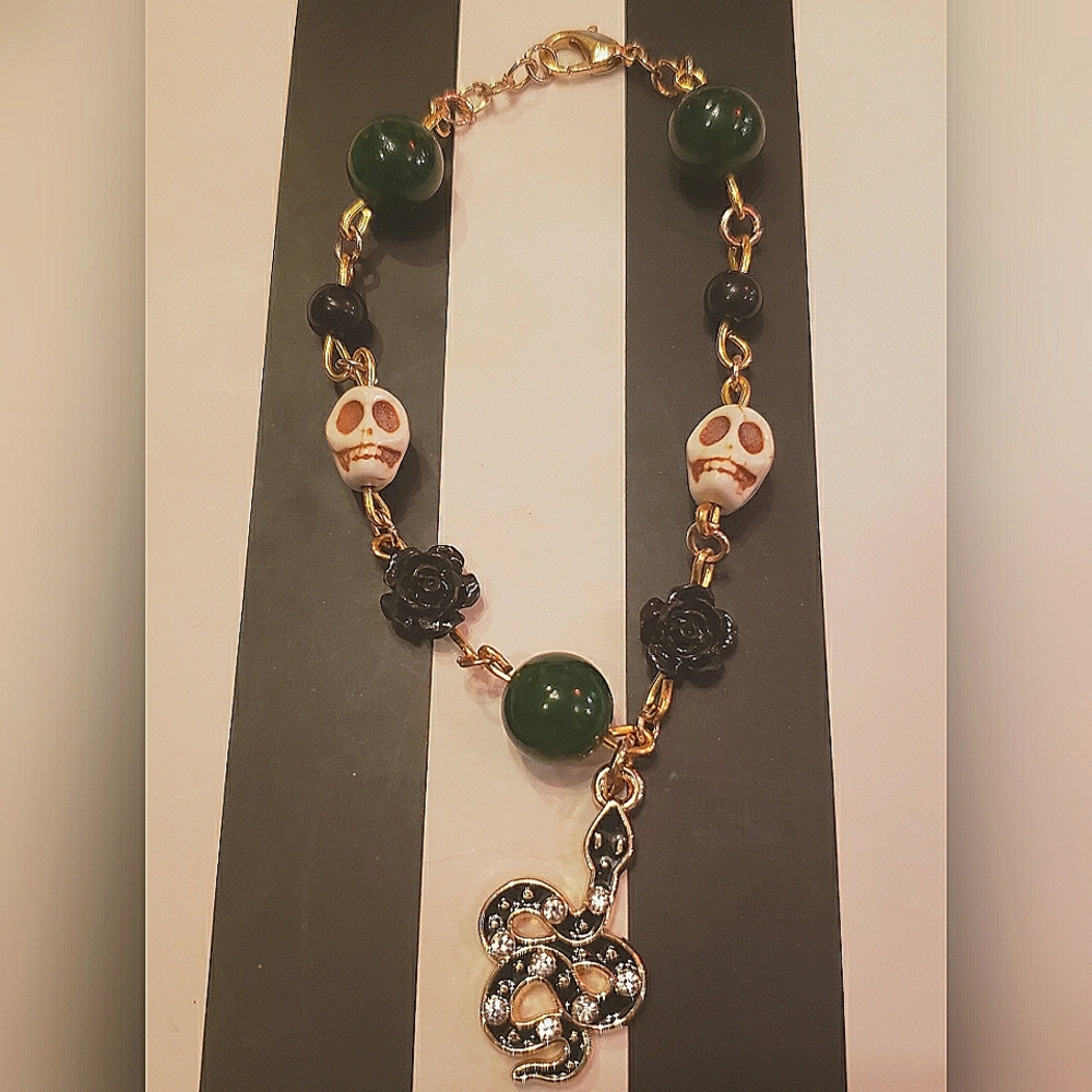 Handmade Spooky Cute Flowers & Skulls Snake Charm Bracelet